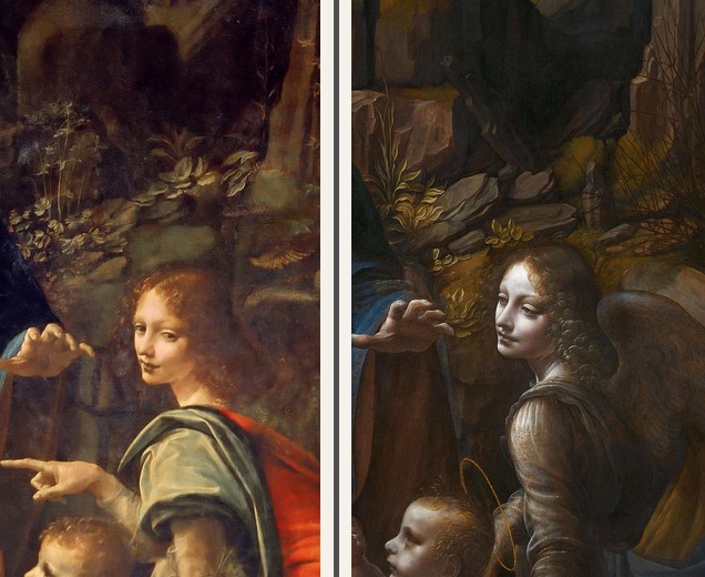 Vergleich von Engelgeste und Engelblick in beiden Fassungen der Felsgrottenmadonna